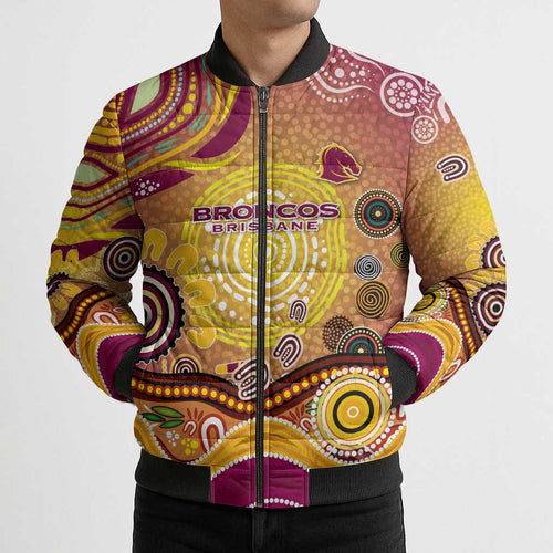 Brisbane Broncos Rugby Bomber Puffer Jacket Australian Aboriginal Dot Painting Style