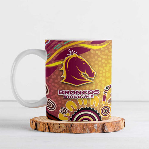 Brisbane Broncos Rugby Ceramic Mug Australian Aboriginal Dot Painting Style