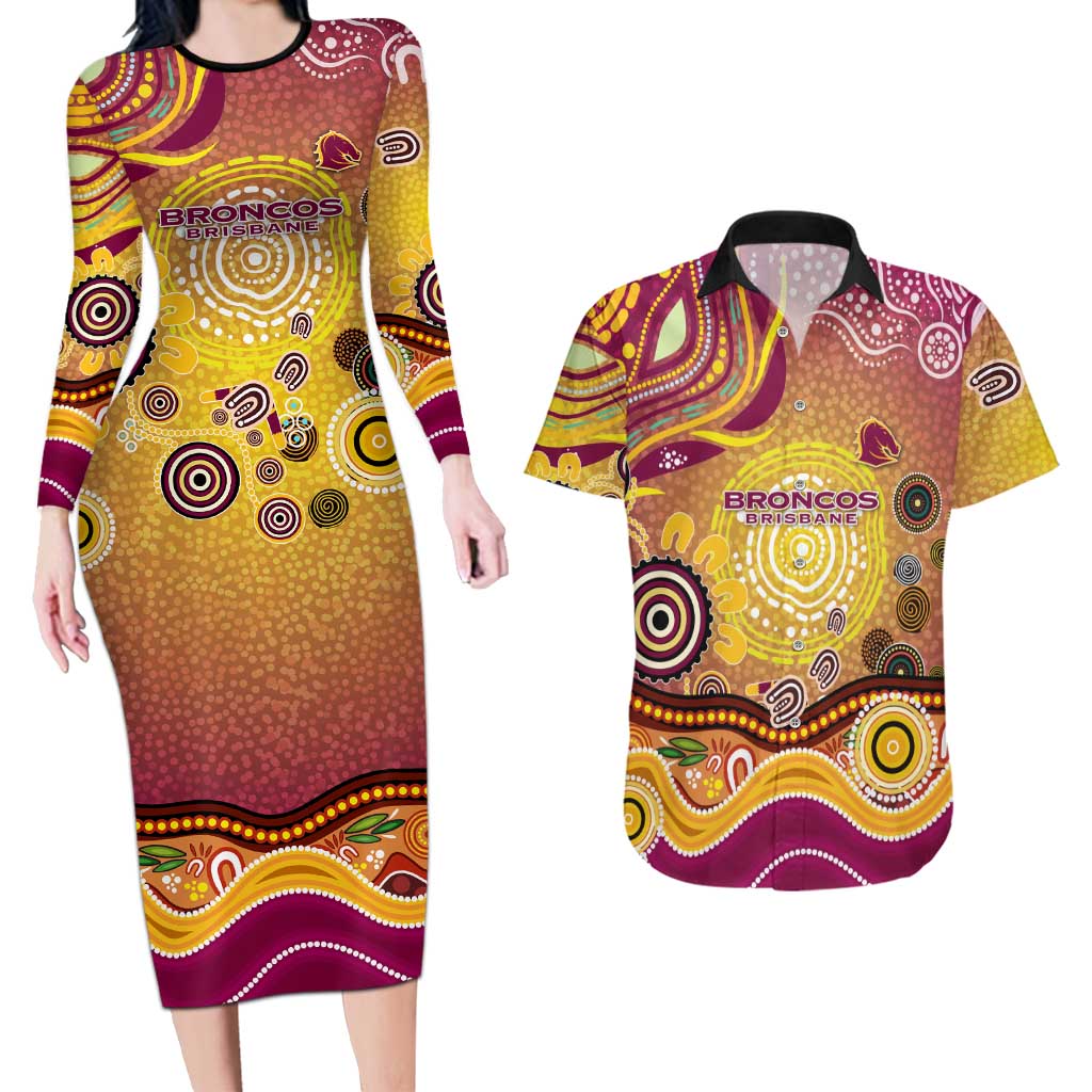 Brisbane Broncos Rugby Couples Matching Long Sleeve Bodycon Dress and Hawaiian Shirt Australian Aboriginal Dot Painting Style