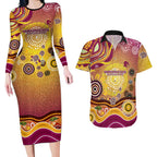 Brisbane Broncos Rugby Couples Matching Long Sleeve Bodycon Dress and Hawaiian Shirt Australian Aboriginal Dot Painting Style