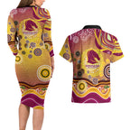 Brisbane Broncos Rugby Couples Matching Long Sleeve Bodycon Dress and Hawaiian Shirt Australian Aboriginal Dot Painting Style