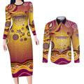 Brisbane Broncos Rugby Couples Matching Long Sleeve Bodycon Dress and Long Sleeve Button Shirt Australian Aboriginal Dot Painting Style