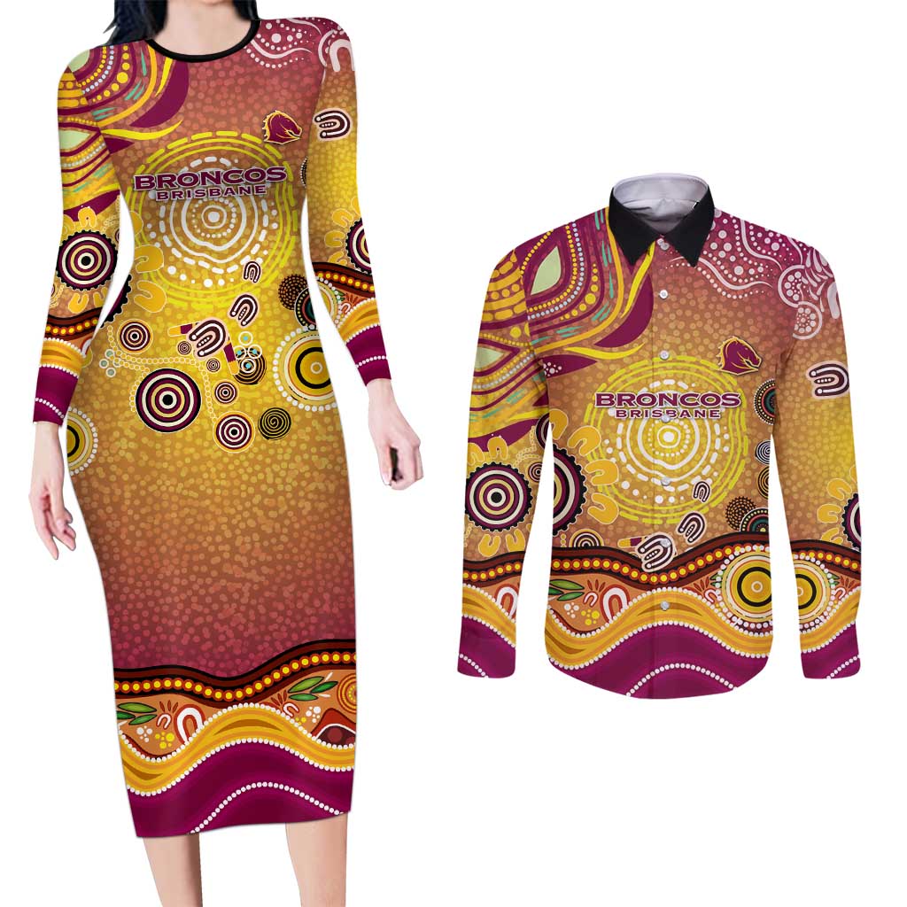 Brisbane Broncos Rugby Couples Matching Long Sleeve Bodycon Dress and Long Sleeve Button Shirt Australian Aboriginal Dot Painting Style