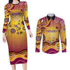 Brisbane Broncos Rugby Couples Matching Long Sleeve Bodycon Dress and Long Sleeve Button Shirt Australian Aboriginal Dot Painting Style