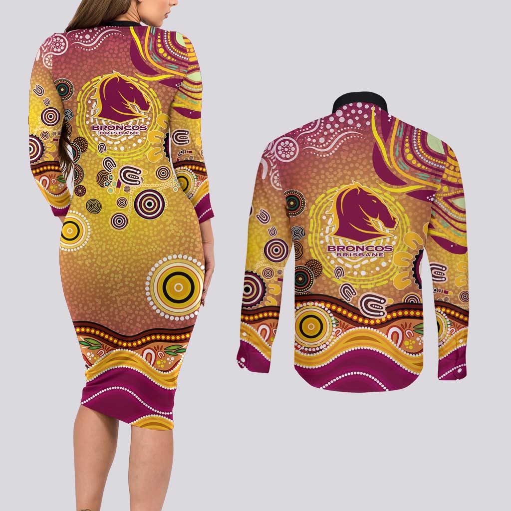 Brisbane Broncos Rugby Couples Matching Long Sleeve Bodycon Dress and Long Sleeve Button Shirt Australian Aboriginal Dot Painting Style