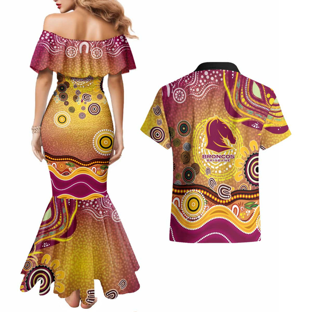 Brisbane Broncos Rugby Couples Matching Mermaid Dress and Hawaiian Shirt Australian Aboriginal Dot Painting Style