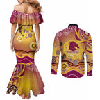 Brisbane Broncos Rugby Couples Matching Mermaid Dress and Long Sleeve Button Shirt Australian Aboriginal Dot Painting Style