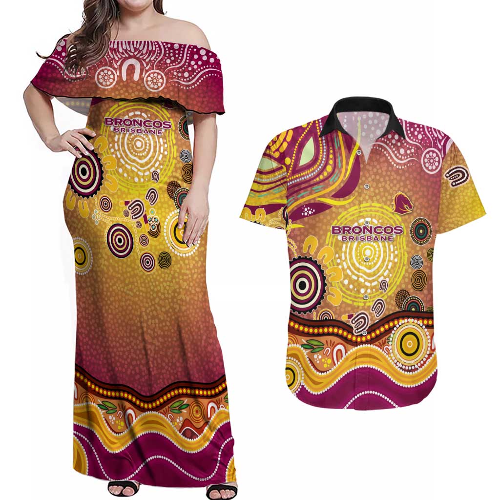 Brisbane Broncos Rugby Couples Matching Off Shoulder Maxi Dress and Hawaiian Shirt Australian Aboriginal Dot Painting Style