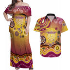 Brisbane Broncos Rugby Couples Matching Off Shoulder Maxi Dress and Hawaiian Shirt Australian Aboriginal Dot Painting Style