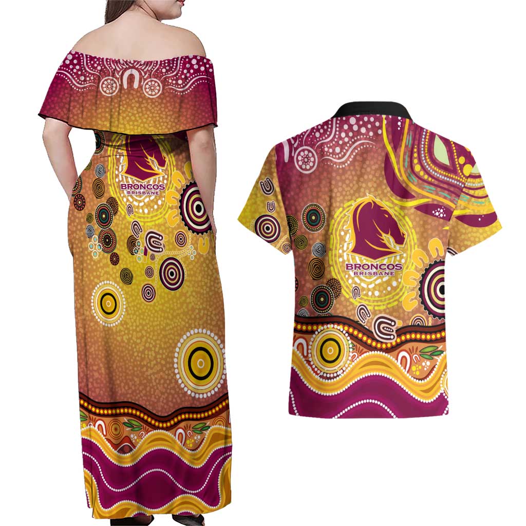Brisbane Broncos Rugby Couples Matching Off Shoulder Maxi Dress and Hawaiian Shirt Australian Aboriginal Dot Painting Style