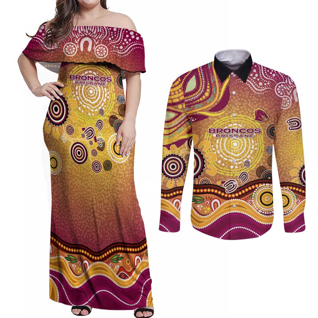 Brisbane Broncos Rugby Couples Matching Off Shoulder Maxi Dress and Long Sleeve Button Shirt Australian Aboriginal Dot Painting Style
