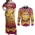 Brisbane Broncos Rugby Couples Matching Off Shoulder Maxi Dress and Long Sleeve Button Shirt Australian Aboriginal Dot Painting Style