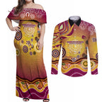 Brisbane Broncos Rugby Couples Matching Off Shoulder Maxi Dress and Long Sleeve Button Shirt Australian Aboriginal Dot Painting Style