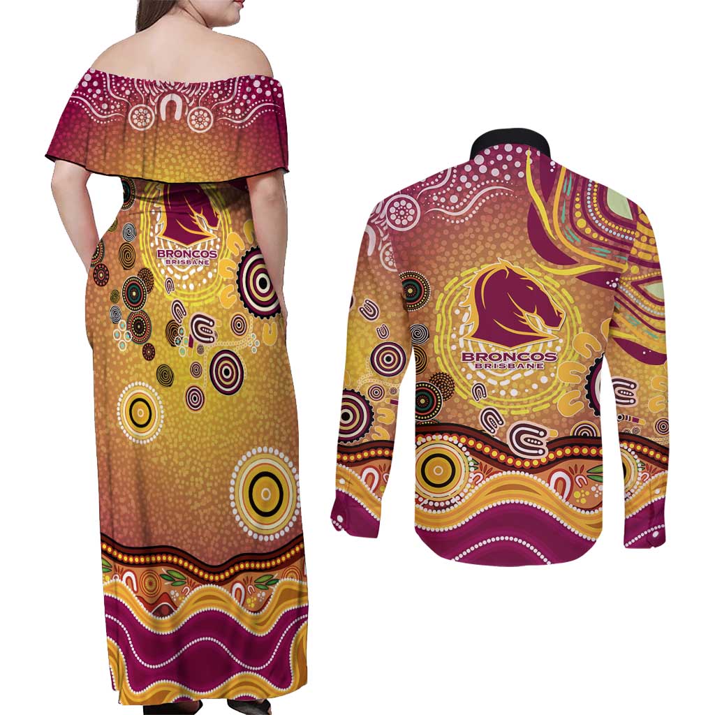 Brisbane Broncos Rugby Couples Matching Off Shoulder Maxi Dress and Long Sleeve Button Shirt Australian Aboriginal Dot Painting Style