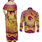 Brisbane Broncos Rugby Couples Matching Off Shoulder Maxi Dress and Long Sleeve Button Shirt Australian Aboriginal Dot Painting Style
