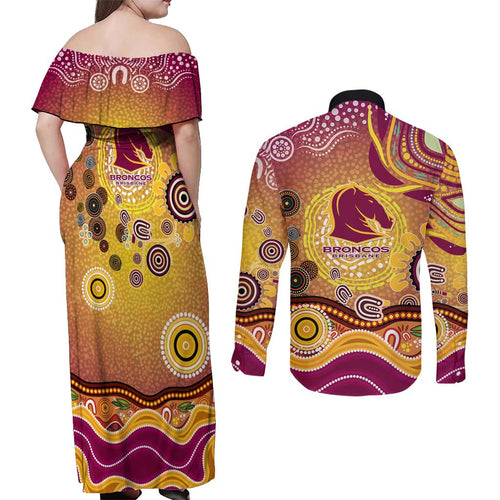 Brisbane Broncos Rugby Couples Matching Off Shoulder Maxi Dress and Long Sleeve Button Shirt Australian Aboriginal Dot Painting Style