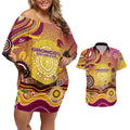 Brisbane Broncos Rugby Couples Matching Off Shoulder Short Dress and Hawaiian Shirt Australian Aboriginal Dot Painting Style