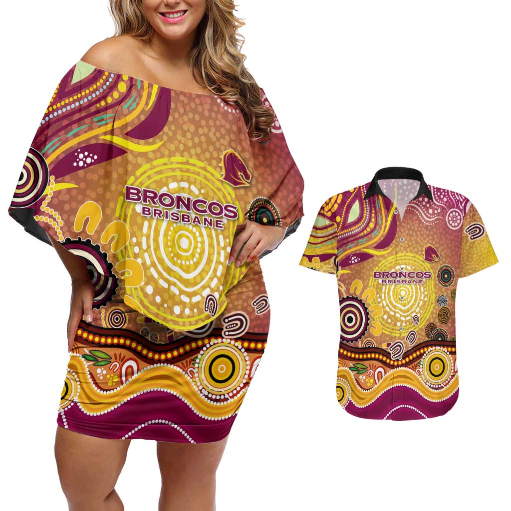 Brisbane Broncos Rugby Couples Matching Off Shoulder Short Dress and Hawaiian Shirt Australian Aboriginal Dot Painting Style