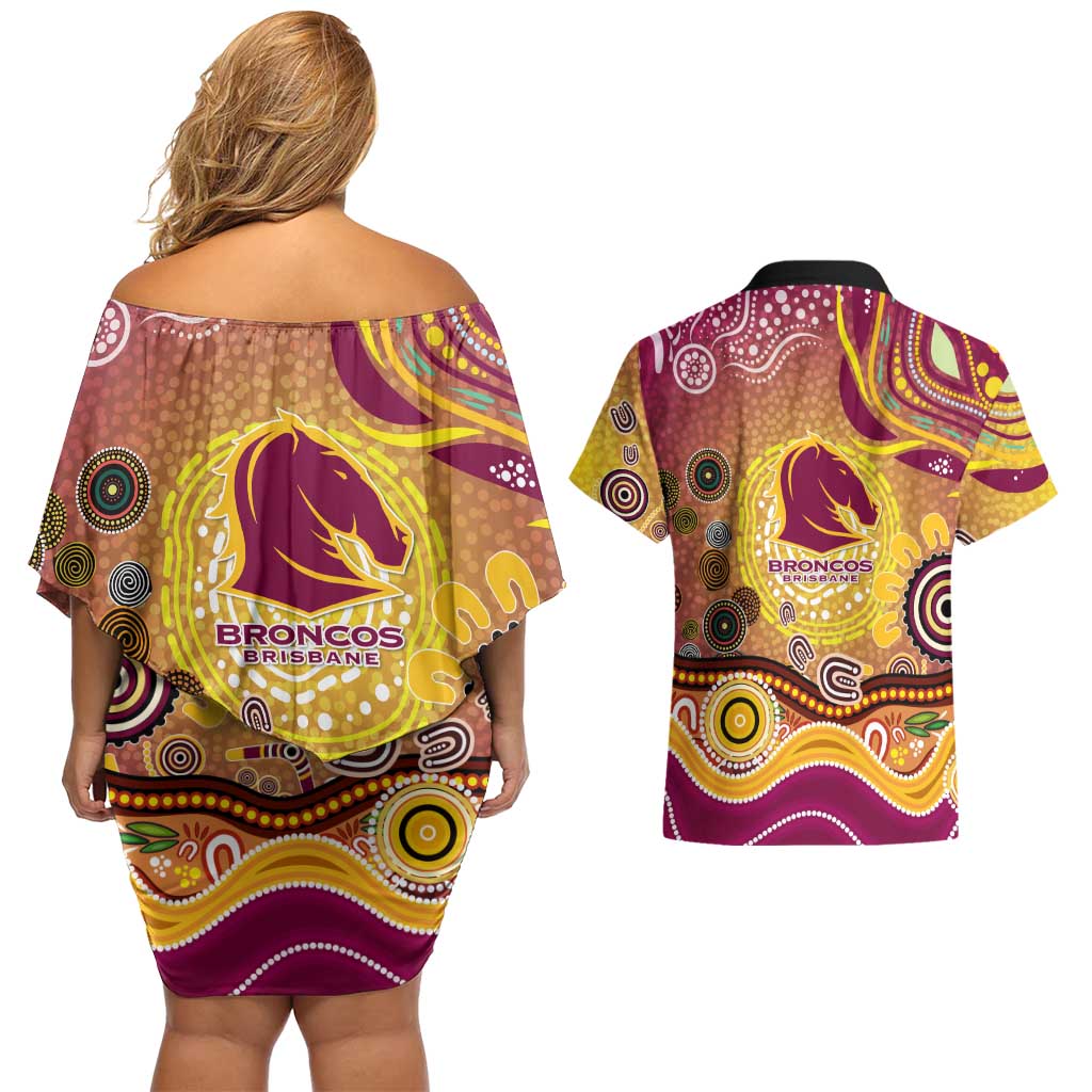 Brisbane Broncos Rugby Couples Matching Off Shoulder Short Dress and Hawaiian Shirt Australian Aboriginal Dot Painting Style