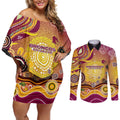 Brisbane Broncos Rugby Couples Matching Off Shoulder Short Dress and Long Sleeve Button Shirt Australian Aboriginal Dot Painting Style