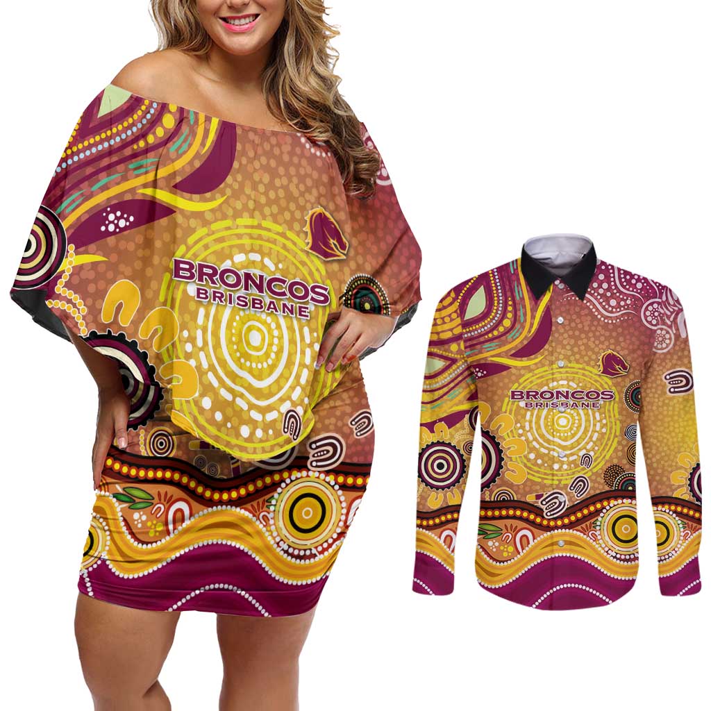 Brisbane Broncos Rugby Couples Matching Off Shoulder Short Dress and Long Sleeve Button Shirt Australian Aboriginal Dot Painting Style