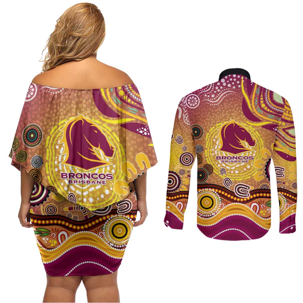 Brisbane Broncos Rugby Couples Matching Off Shoulder Short Dress and Long Sleeve Button Shirt Australian Aboriginal Dot Painting Style