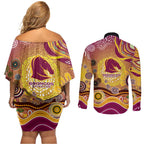 Brisbane Broncos Rugby Couples Matching Off Shoulder Short Dress and Long Sleeve Button Shirt Australian Aboriginal Dot Painting Style