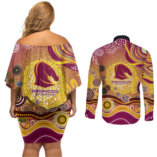 Brisbane Broncos Rugby Couples Matching Off Shoulder Short Dress and Long Sleeve Button Shirt Australian Aboriginal Dot Painting Style