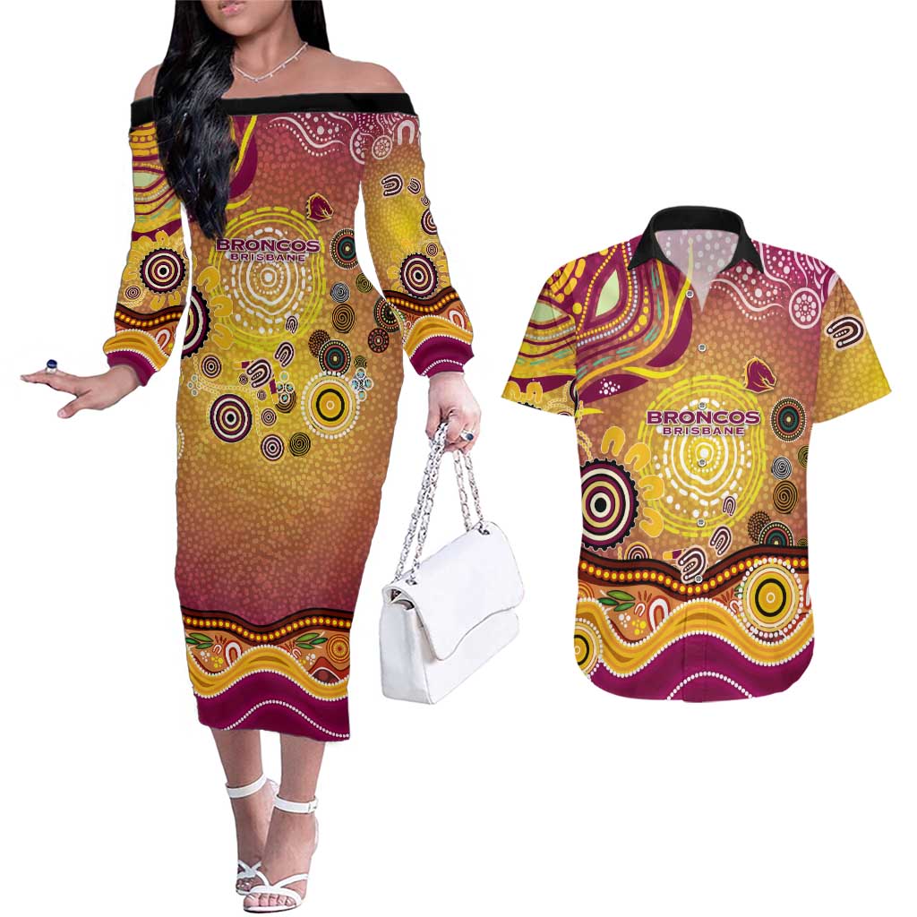 Brisbane Broncos Rugby Couples Matching Off The Shoulder Long Sleeve Dress and Hawaiian Shirt Australian Aboriginal Dot Painting Style