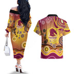 Brisbane Broncos Rugby Couples Matching Off The Shoulder Long Sleeve Dress and Hawaiian Shirt Australian Aboriginal Dot Painting Style