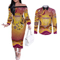 Brisbane Broncos Rugby Couples Matching Off The Shoulder Long Sleeve Dress and Long Sleeve Button Shirt Australian Aboriginal Dot Painting Style