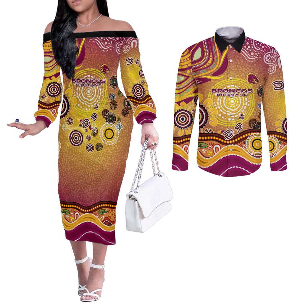 Brisbane Broncos Rugby Couples Matching Off The Shoulder Long Sleeve Dress and Long Sleeve Button Shirt Australian Aboriginal Dot Painting Style