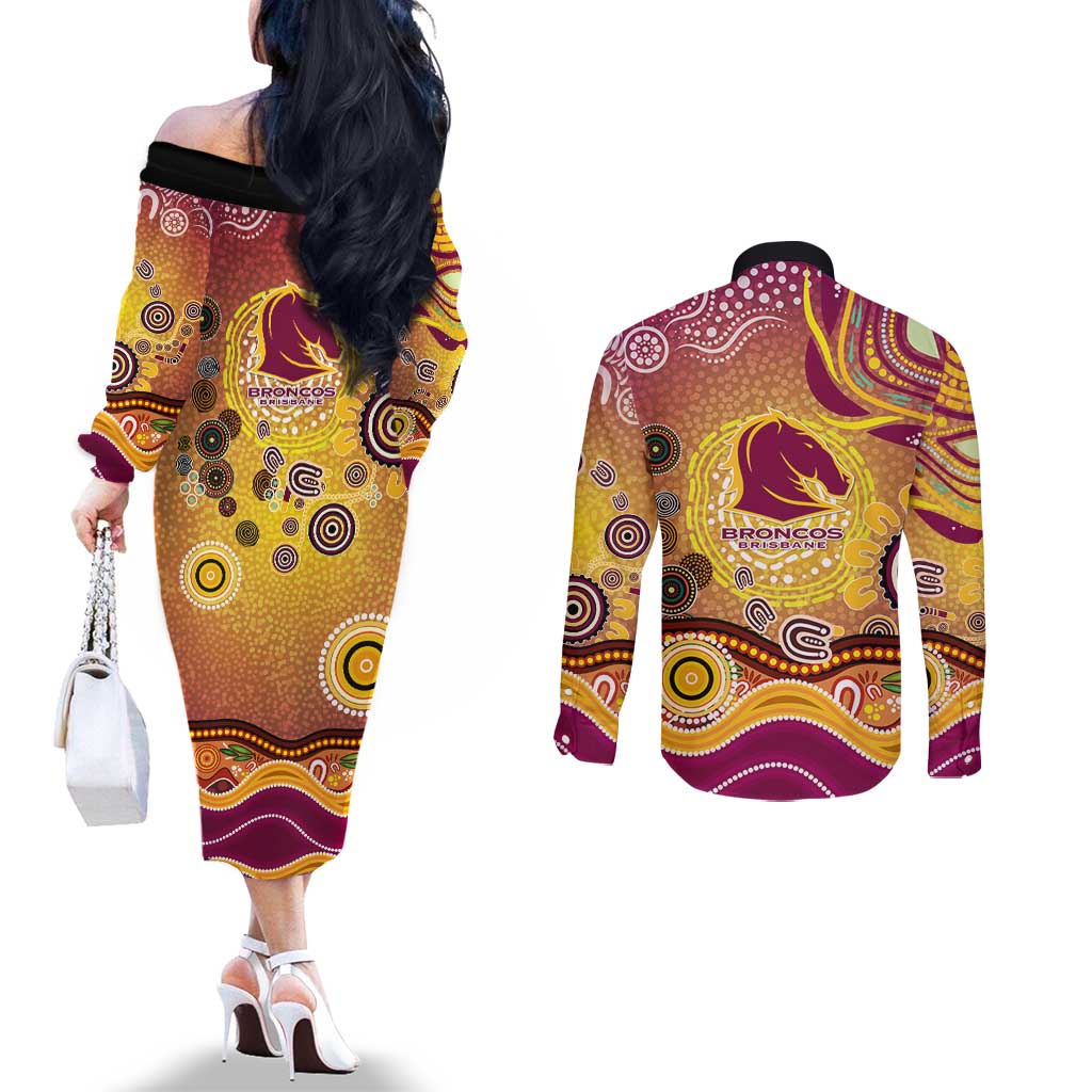 Brisbane Broncos Rugby Couples Matching Off The Shoulder Long Sleeve Dress and Long Sleeve Button Shirt Australian Aboriginal Dot Painting Style