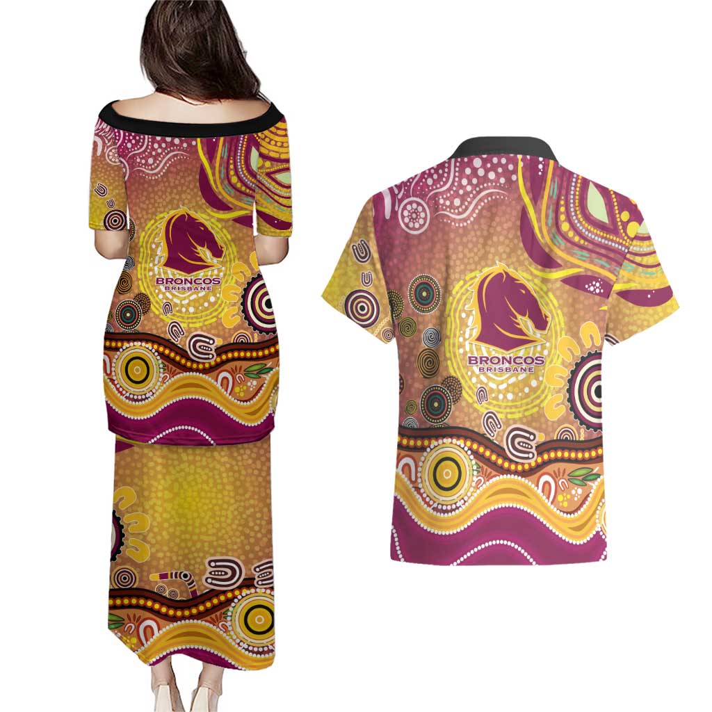 Brisbane Broncos Rugby Couples Matching Puletasi and Hawaiian Shirt Australian Aboriginal Dot Painting Style
