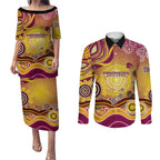 Brisbane Broncos Rugby Couples Matching Puletasi and Long Sleeve Button Shirt Australian Aboriginal Dot Painting Style