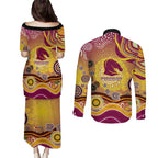 Brisbane Broncos Rugby Couples Matching Puletasi and Long Sleeve Button Shirt Australian Aboriginal Dot Painting Style