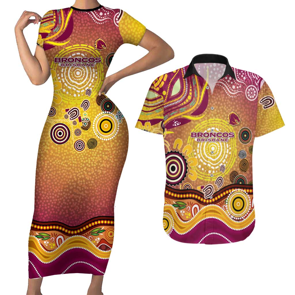 Brisbane Broncos Rugby Couples Matching Short Sleeve Bodycon Dress and Hawaiian Shirt Australian Aboriginal Dot Painting Style