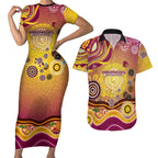 Brisbane Broncos Rugby Couples Matching Short Sleeve Bodycon Dress and Hawaiian Shirt Australian Aboriginal Dot Painting Style