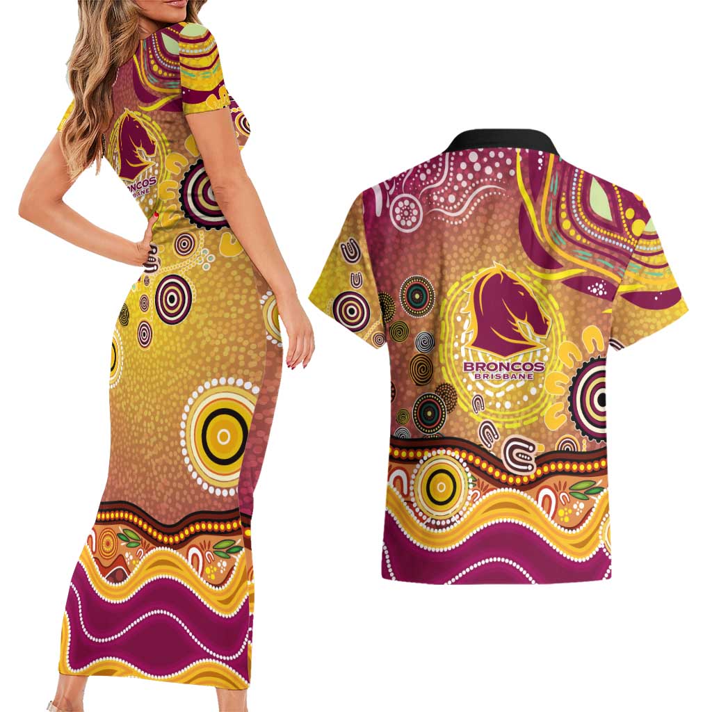 Brisbane Broncos Rugby Couples Matching Short Sleeve Bodycon Dress and Hawaiian Shirt Australian Aboriginal Dot Painting Style