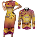 Brisbane Broncos Rugby Couples Matching Short Sleeve Bodycon Dress and Long Sleeve Button Shirt Australian Aboriginal Dot Painting Style