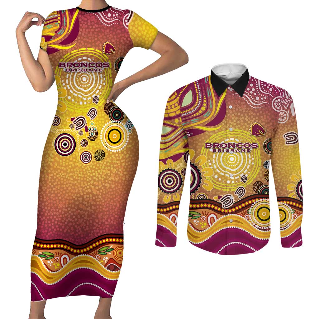 Brisbane Broncos Rugby Couples Matching Short Sleeve Bodycon Dress and Long Sleeve Button Shirt Australian Aboriginal Dot Painting Style