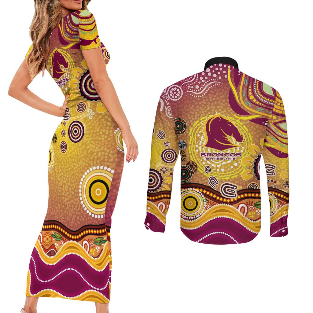 Brisbane Broncos Rugby Couples Matching Short Sleeve Bodycon Dress and Long Sleeve Button Shirt Australian Aboriginal Dot Painting Style