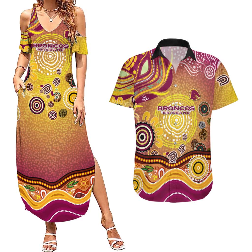 Brisbane Broncos Rugby Couples Matching Summer Maxi Dress and Hawaiian Shirt Australian Aboriginal Dot Painting Style
