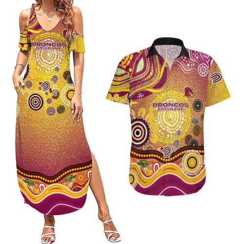 Brisbane Broncos Rugby Couples Matching Summer Maxi Dress and Hawaiian Shirt Australian Aboriginal Dot Painting Style