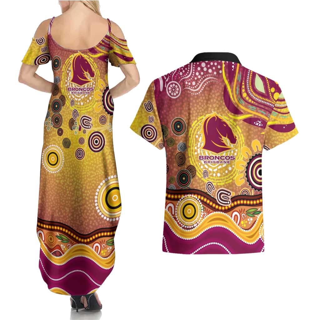Brisbane Broncos Rugby Couples Matching Summer Maxi Dress and Hawaiian Shirt Australian Aboriginal Dot Painting Style