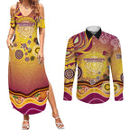 Brisbane Broncos Rugby Couples Matching Summer Maxi Dress and Long Sleeve Button Shirt Australian Aboriginal Dot Painting Style