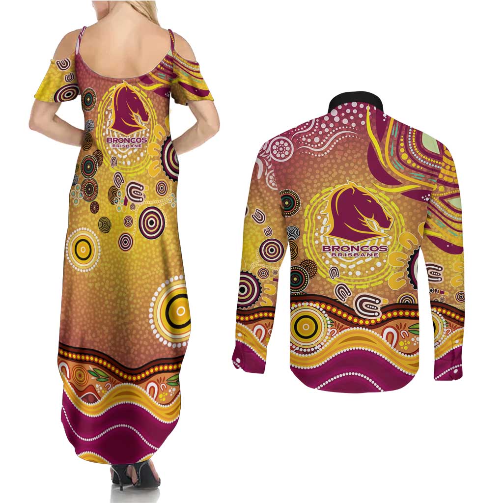 Brisbane Broncos Rugby Couples Matching Summer Maxi Dress and Long Sleeve Button Shirt Australian Aboriginal Dot Painting Style