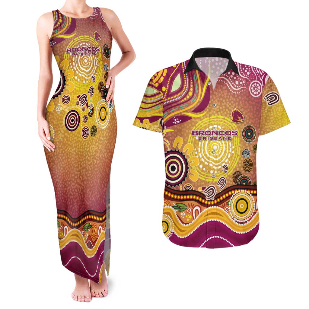 Brisbane Broncos Rugby Couples Matching Tank Maxi Dress and Hawaiian Shirt Australian Aboriginal Dot Painting Style