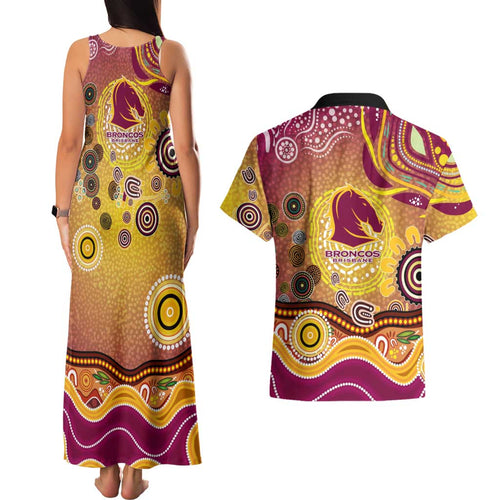 Brisbane Broncos Rugby Couples Matching Tank Maxi Dress and Hawaiian Shirt Australian Aboriginal Dot Painting Style