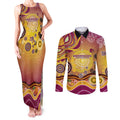 Brisbane Broncos Rugby Couples Matching Tank Maxi Dress and Long Sleeve Button Shirt Australian Aboriginal Dot Painting Style